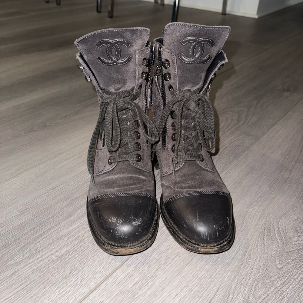 Chanel logo combat boots